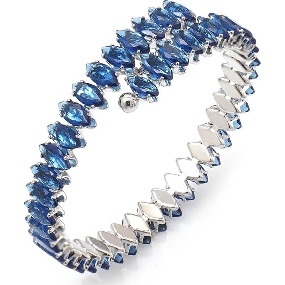 Blue Cubic Zirconia Tennis Bracelets Open Adjustable Elastic Bangle for Women - Picture 1 of 7